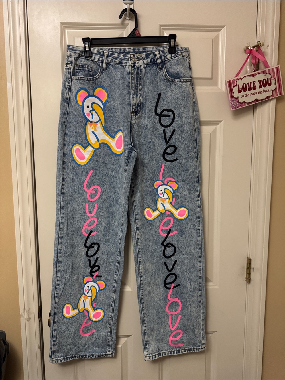 SHEIN Light Acid Wash Straight-Leg Jeans with Neon Bear & 'Love' Script